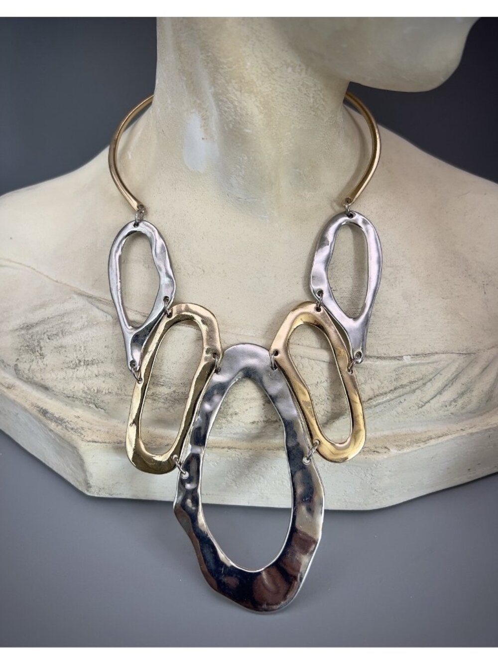 Modernist Mixed Metal Bib Statement Necklace Hammered Silver Gold Collar Toggle